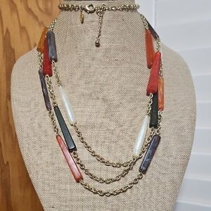 Chico's Gold Chain Necklace with Red, Orange, Black, and White Beads